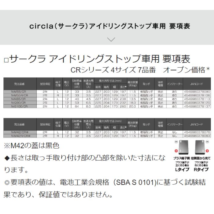 N-M42/CR パナソニック Panasonic カーバッテリー サークラ circla CRシリーズ アイドリングストップ車用 【L端子】